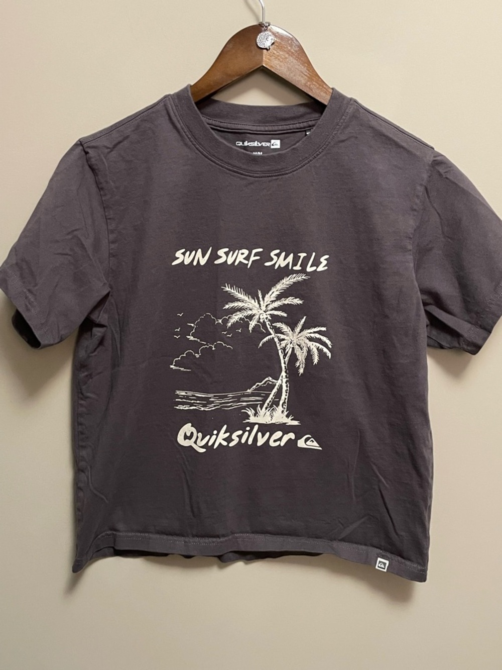 Quiksilver Charcoal Short Sleeve Slight Crop Tee Sun Surf Smile Women’s Medium